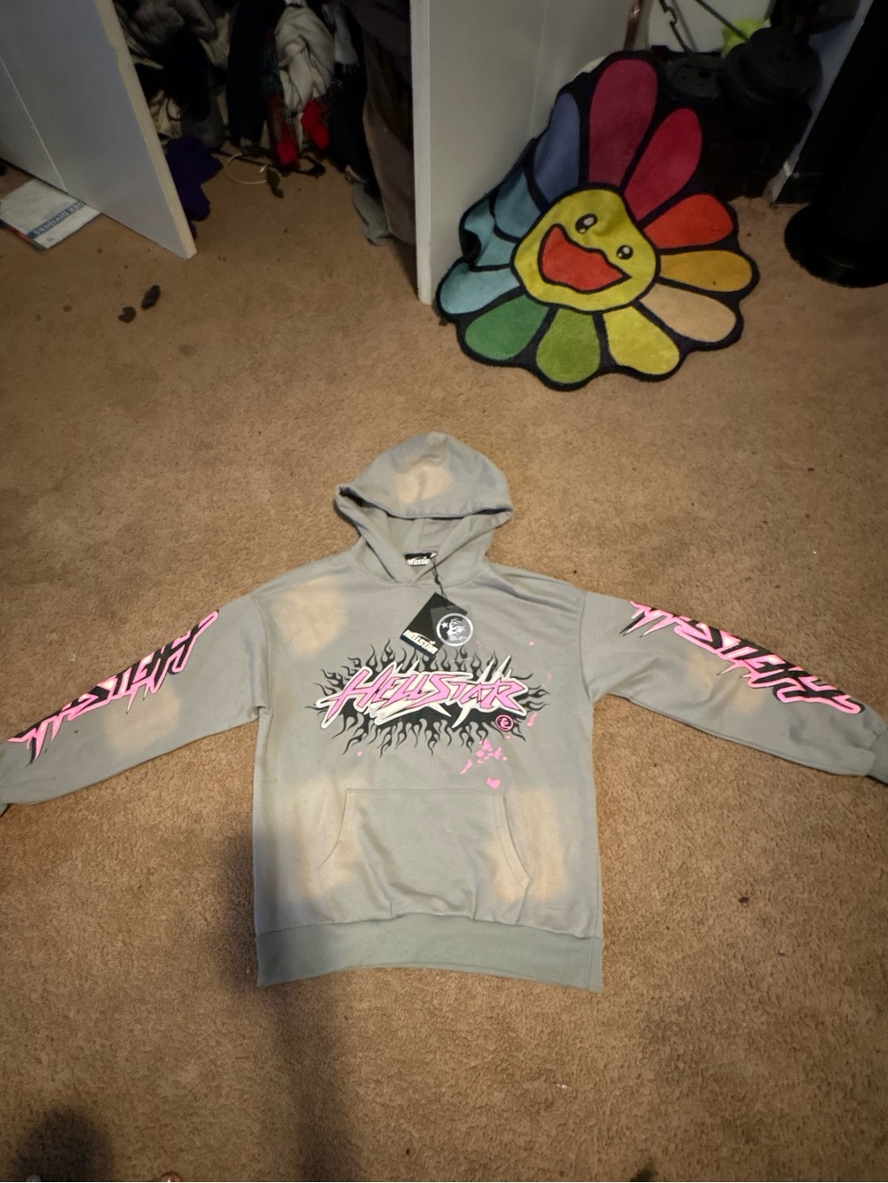 Grey and Pink Graphic Hoodie Sweatshirt - Hellstar